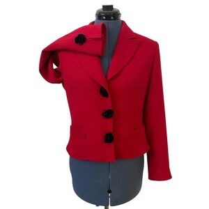 Teri Jon Freeman Red Wool Crop Blazer Jacket Black Flower Buttons Holiday Chic 8